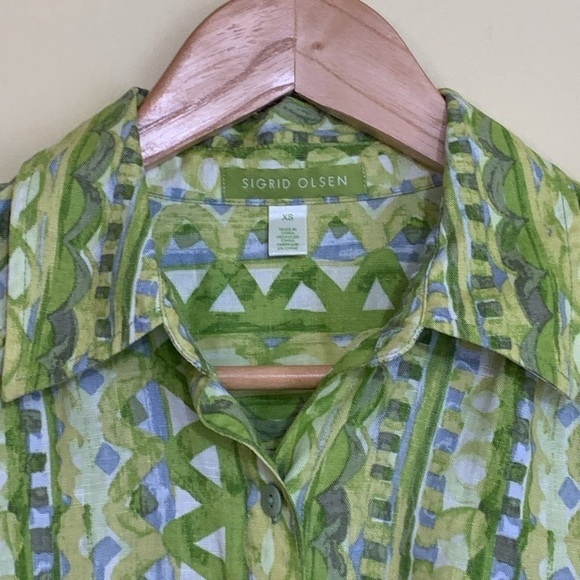 Sigrid Olsen | 100% Linen Green White Mixed Print Button Down Collared Shirt XS - Picture 4 of 17